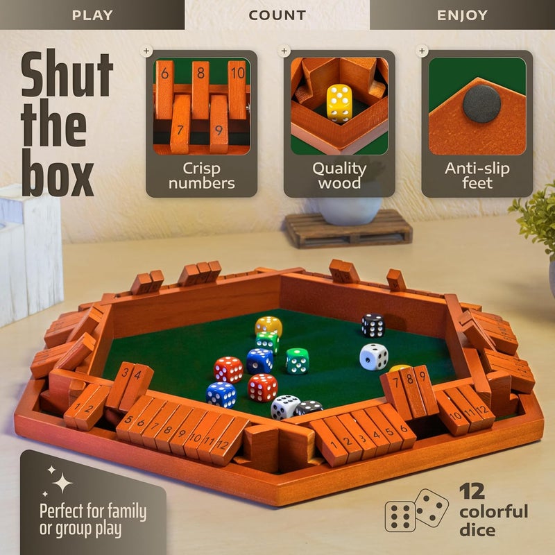 Queensell Shut The Box Game Wooden Board for 1-6 Players - 16-inch Shut The Box Game 12 Numbers for Adults & Kids - Ideal for Games Night - Image 2